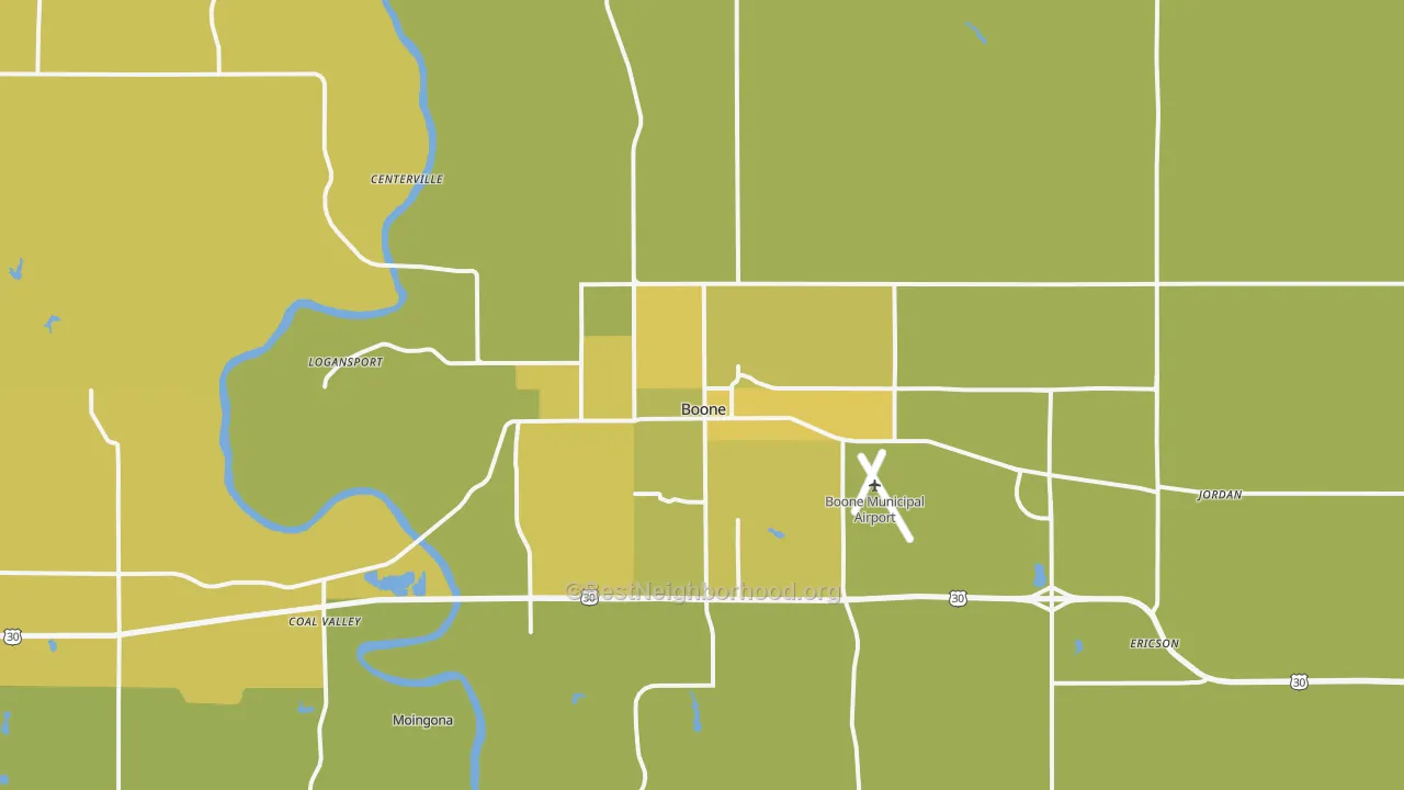 Map of the best neighborhoods in the 50036 area, with better matches in green and worse matches in red