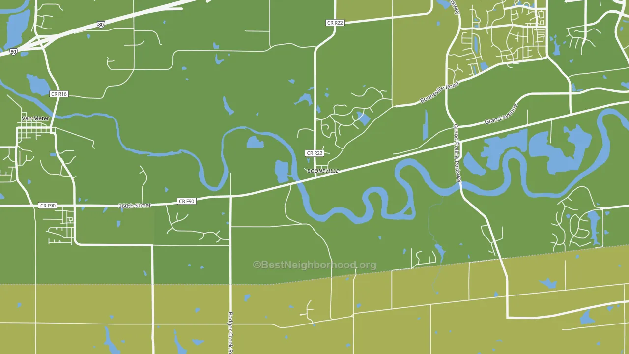 Map of the best neighborhoods in the 50038 area, with better matches in green and worse matches in red