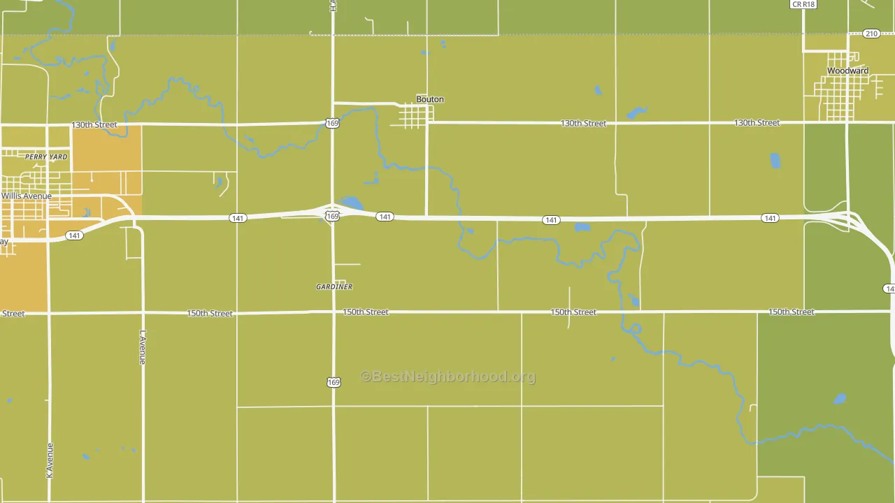 Map of the best neighborhoods in the 50039 area, with better matches in green and worse matches in red