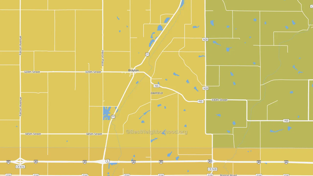 Map of the best neighborhoods in the 50042 area, with better matches in green and worse matches in red