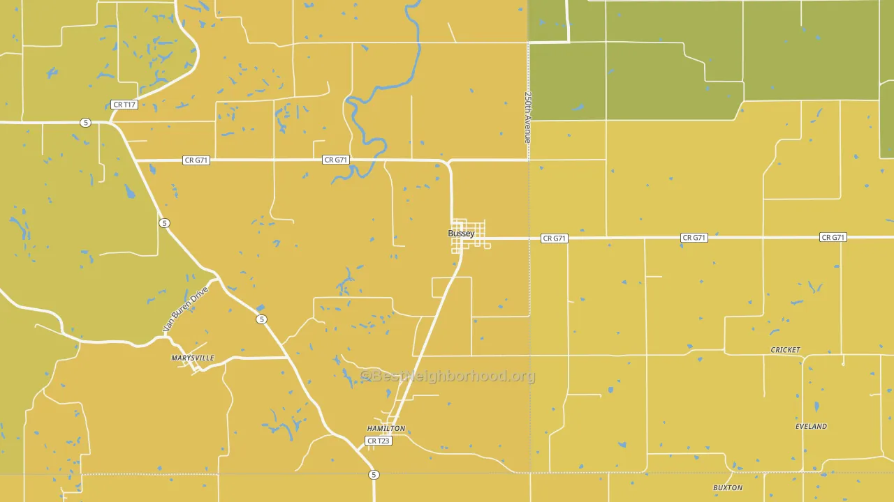Map of the best neighborhoods in the 50044 area, with better matches in green and worse matches in red