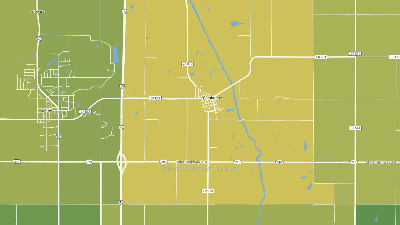 Map of the best neighborhoods in the 50046 area, with better matches in green and worse matches in red