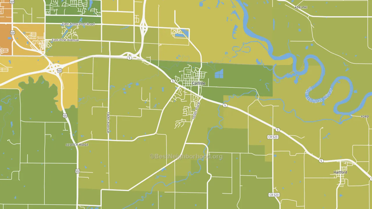 Map of the best neighborhoods in the 50047 area, with better matches in green and worse matches in red