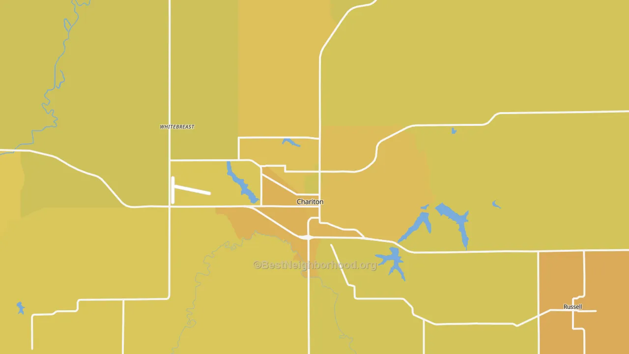 Map of the best neighborhoods in the 50049 area, with better matches in green and worse matches in red