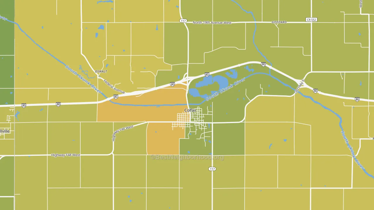 Map of the best neighborhoods in the 50054 area, with better matches in green and worse matches in red
