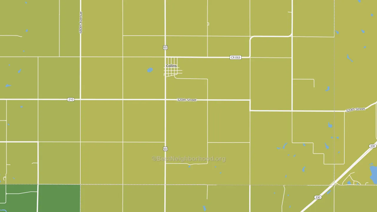 Map of the best neighborhoods in the 50055 area, with better matches in green and worse matches in red