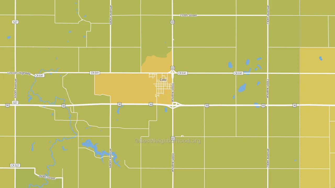 Map of the best neighborhoods in the 50056 area, with better matches in green and worse matches in red