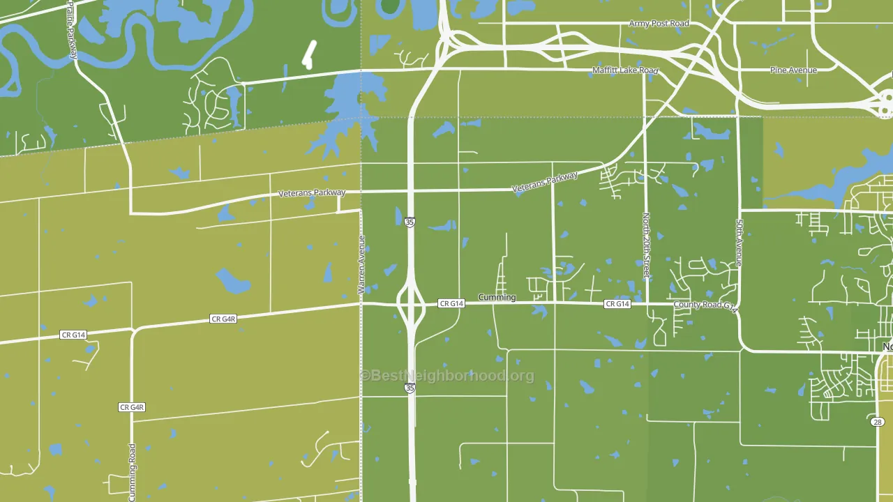 Map of the best neighborhoods in the 50061 area, with better matches in green and worse matches in red