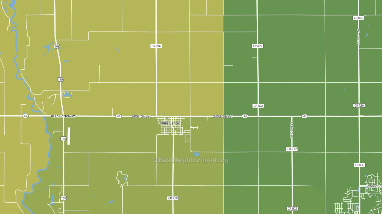 Map of the best neighborhoods in the 50063 area, with better matches in green and worse matches in red