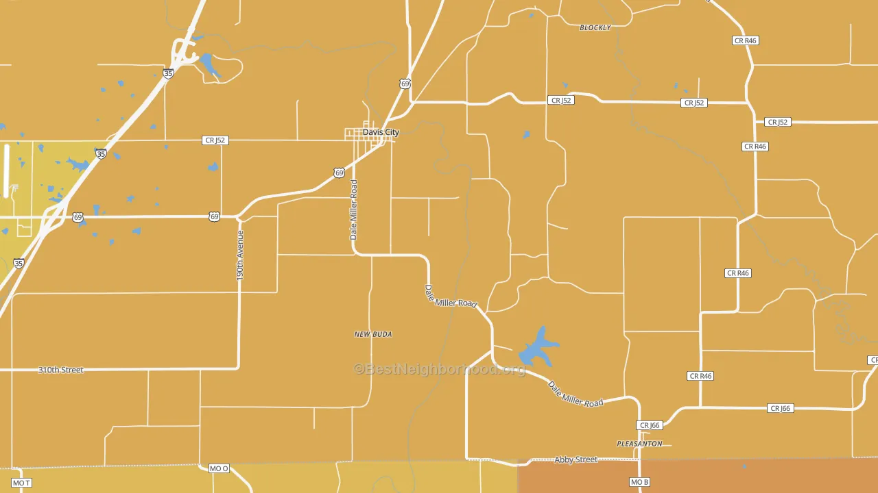 Map of the best neighborhoods in the 50065 area, with better matches in green and worse matches in red