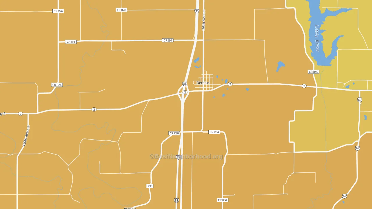 Map of the best neighborhoods in the 50067 area, with better matches in green and worse matches in red