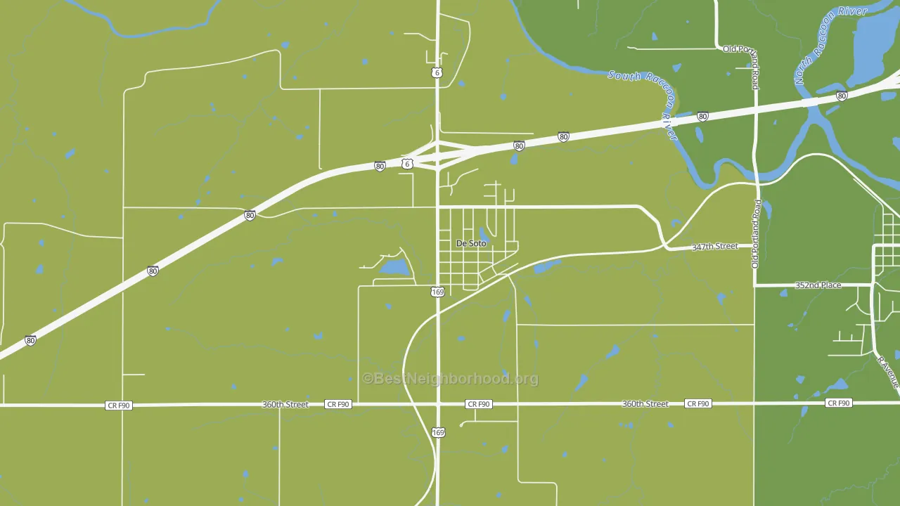 Map of the best neighborhoods in the 50069 area, with better matches in green and worse matches in red