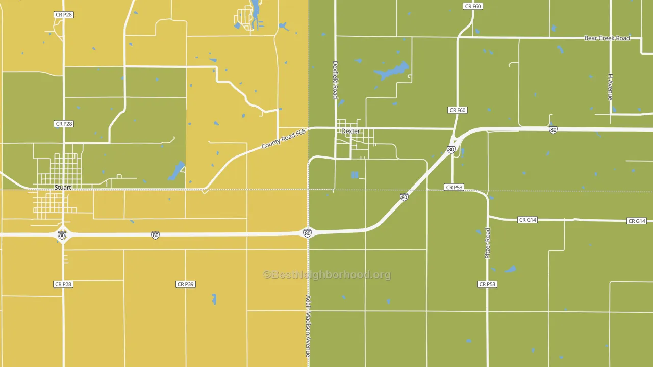 Map of the best neighborhoods in the 50070 area, with better matches in green and worse matches in red