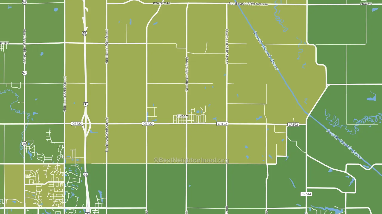 Map of the best neighborhoods in the 50073 area, with better matches in green and worse matches in red