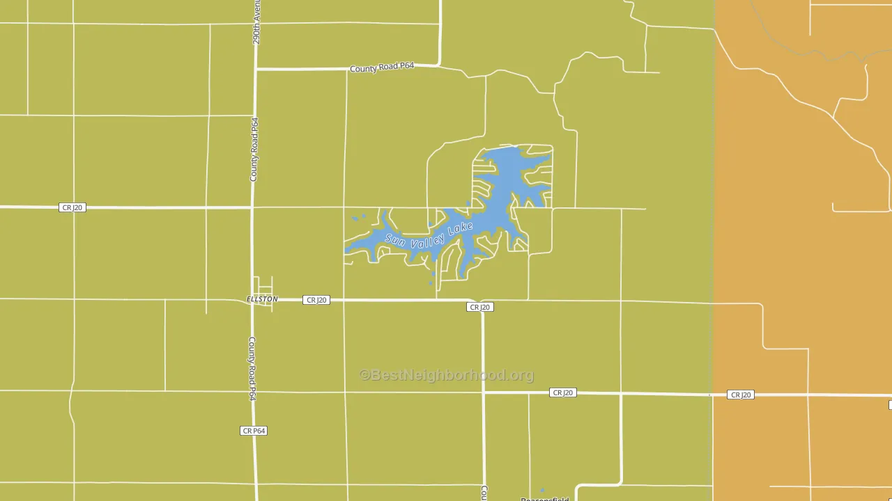 Map of the best neighborhoods in the 50074 area, with better matches in green and worse matches in red