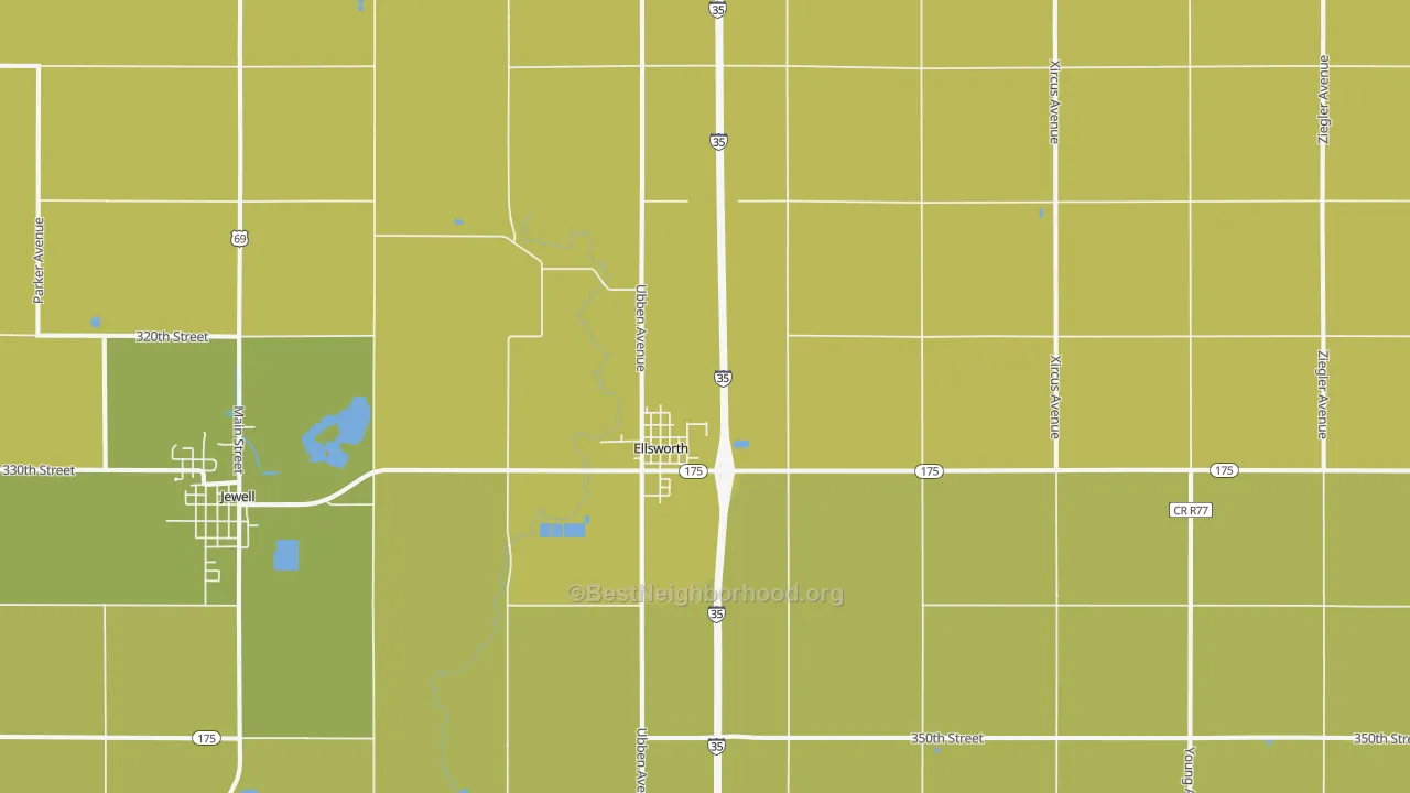 Map of the best neighborhoods in the 50075 area, with better matches in green and worse matches in red