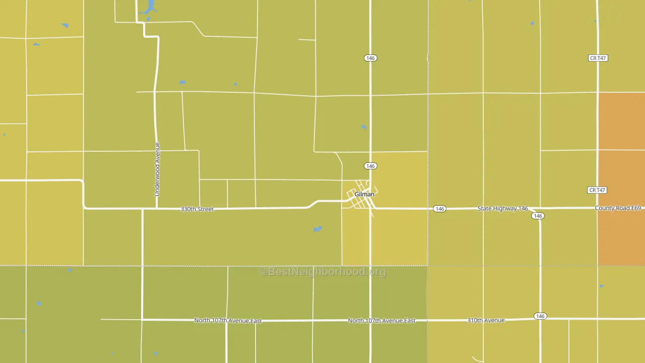 Map of the best neighborhoods in the 50106 area, with better matches in green and worse matches in red