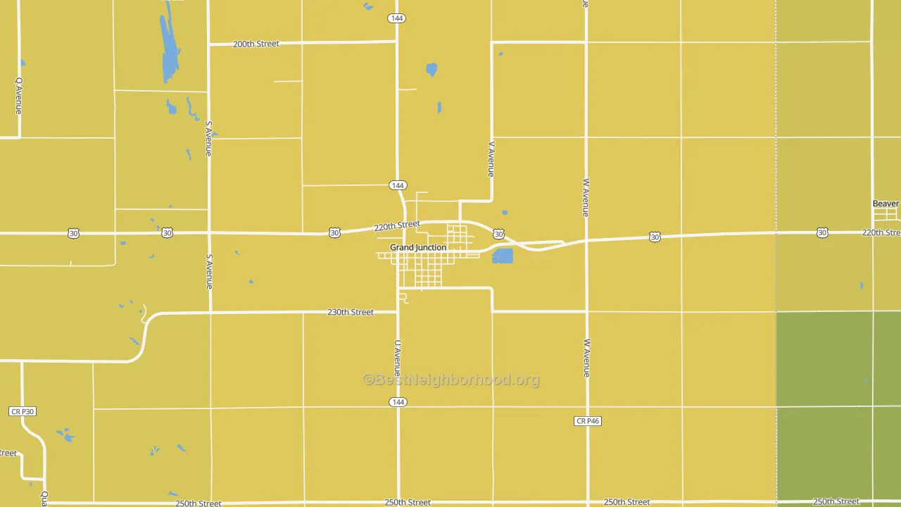 Map of the best neighborhoods in the 50107 area, with better matches in green and worse matches in red