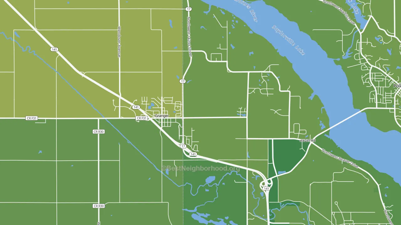 Map of the best neighborhoods in the 50109 area, with better matches in green and worse matches in red