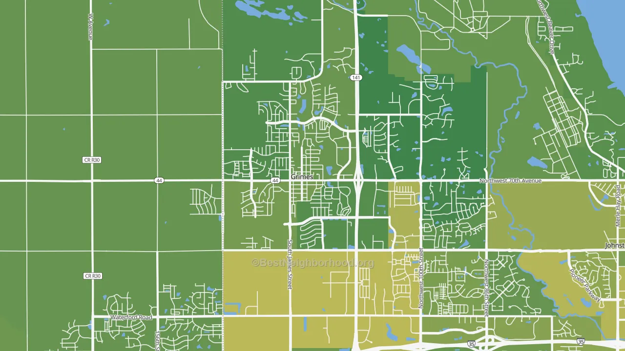 Map of the best neighborhoods in the 50111 area, with better matches in green and worse matches in red