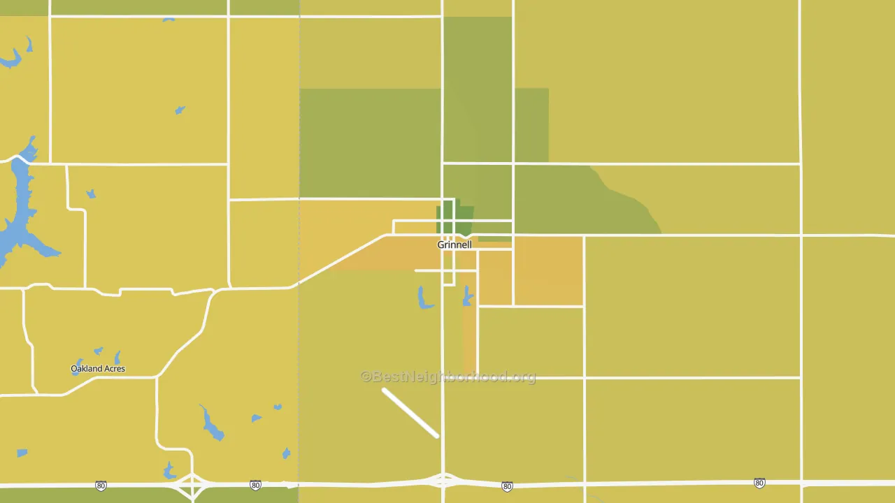 Map of the best neighborhoods in the 50112 area, with better matches in green and worse matches in red