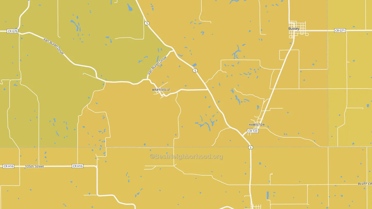 Map of the best neighborhoods in the 50116 area, with better matches in green and worse matches in red