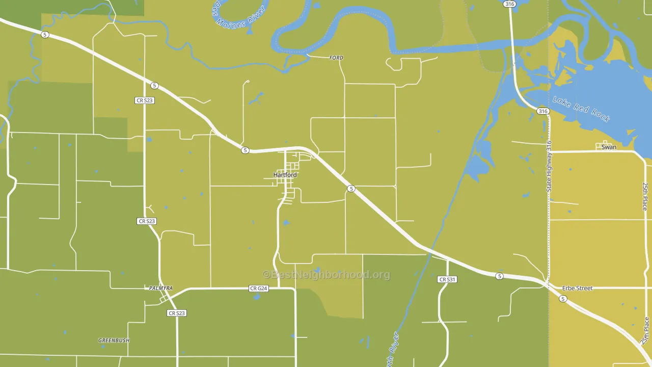 Map of the best neighborhoods in the 50118 area, with better matches in green and worse matches in red