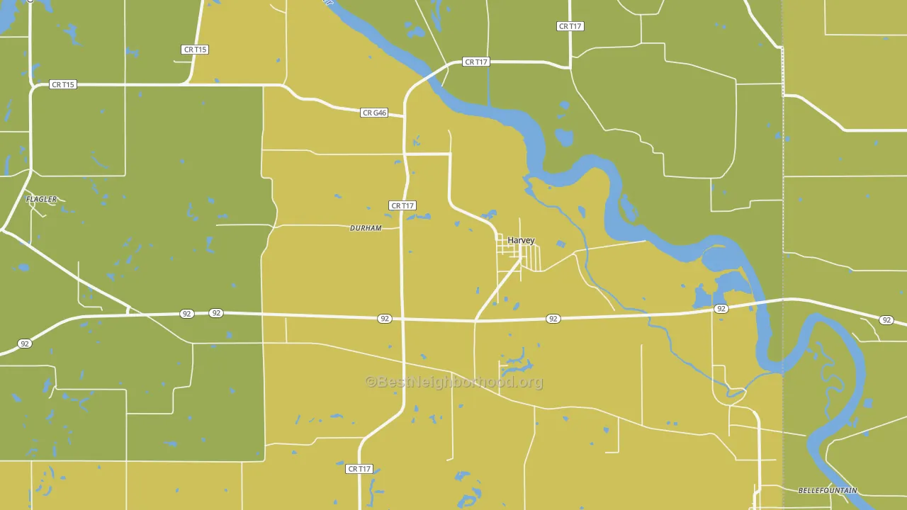 Map of the best neighborhoods in the 50119 area, with better matches in green and worse matches in red