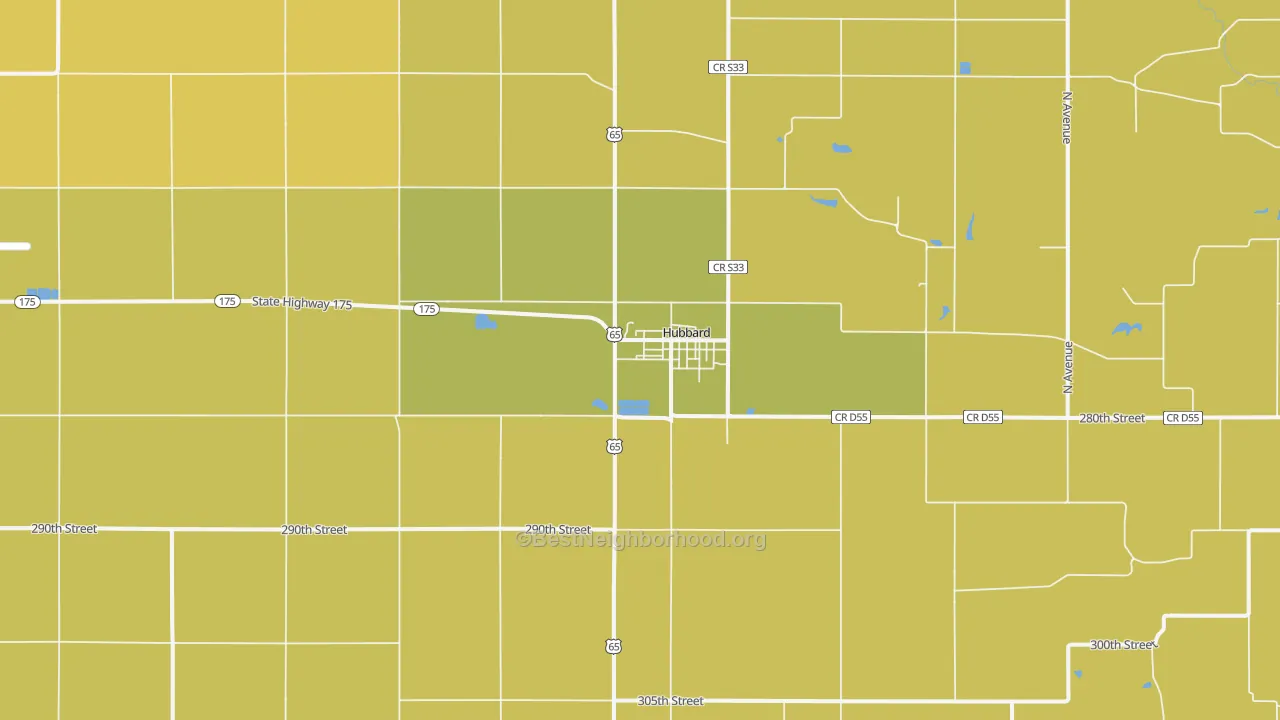 Map of the best neighborhoods in the 50122 area, with better matches in green and worse matches in red