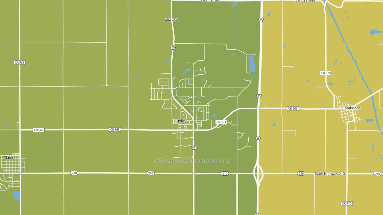 Map of the best neighborhoods in the 50124 area, with better matches in green and worse matches in red