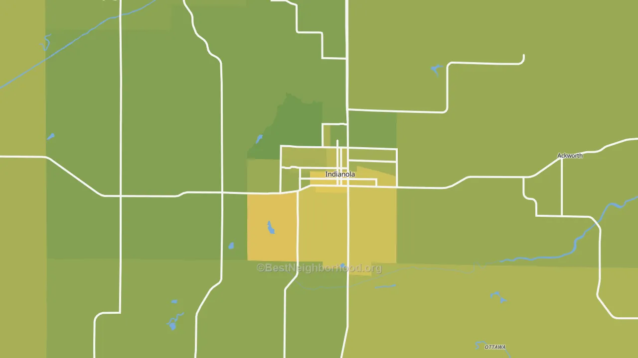Map of the best neighborhoods in the 50125 area, with better matches in green and worse matches in red