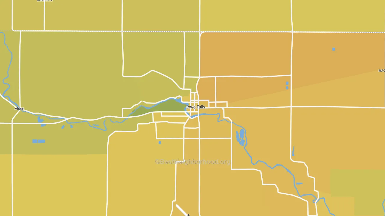 Map of the best neighborhoods in the 50126 area, with better matches in green and worse matches in red