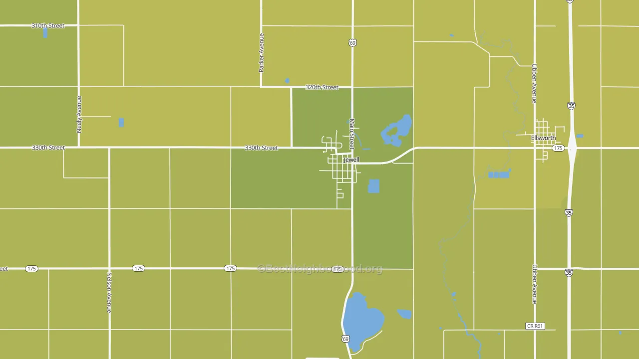 Map of the best neighborhoods in the 50130 area, with better matches in green and worse matches in red