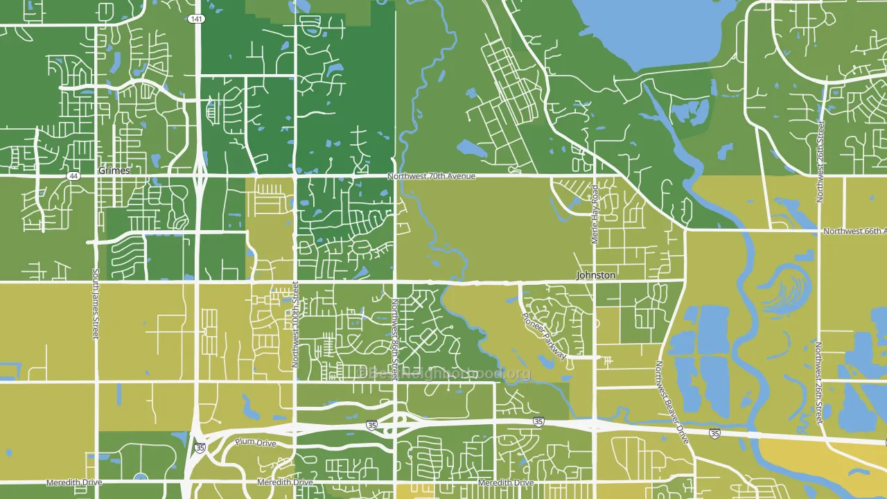 Map of the best neighborhoods in the 50131 area, with better matches in green and worse matches in red