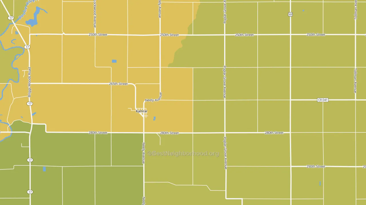 Map of the best neighborhoods in the 50132 area, with better matches in green and worse matches in red