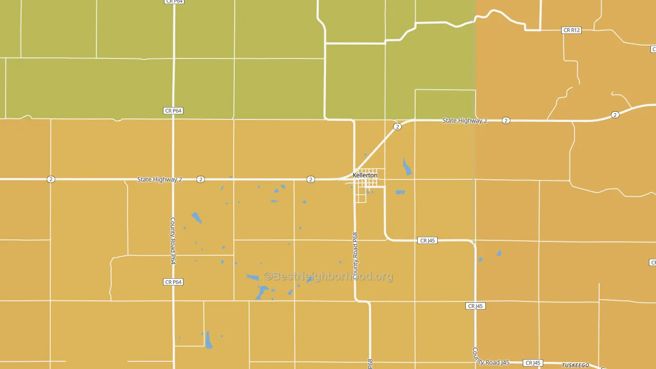 Map of the best neighborhoods in the 50133 area, with better matches in green and worse matches in red