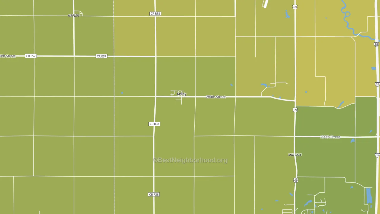 Map of the best neighborhoods in the 50134 area, with better matches in green and worse matches in red