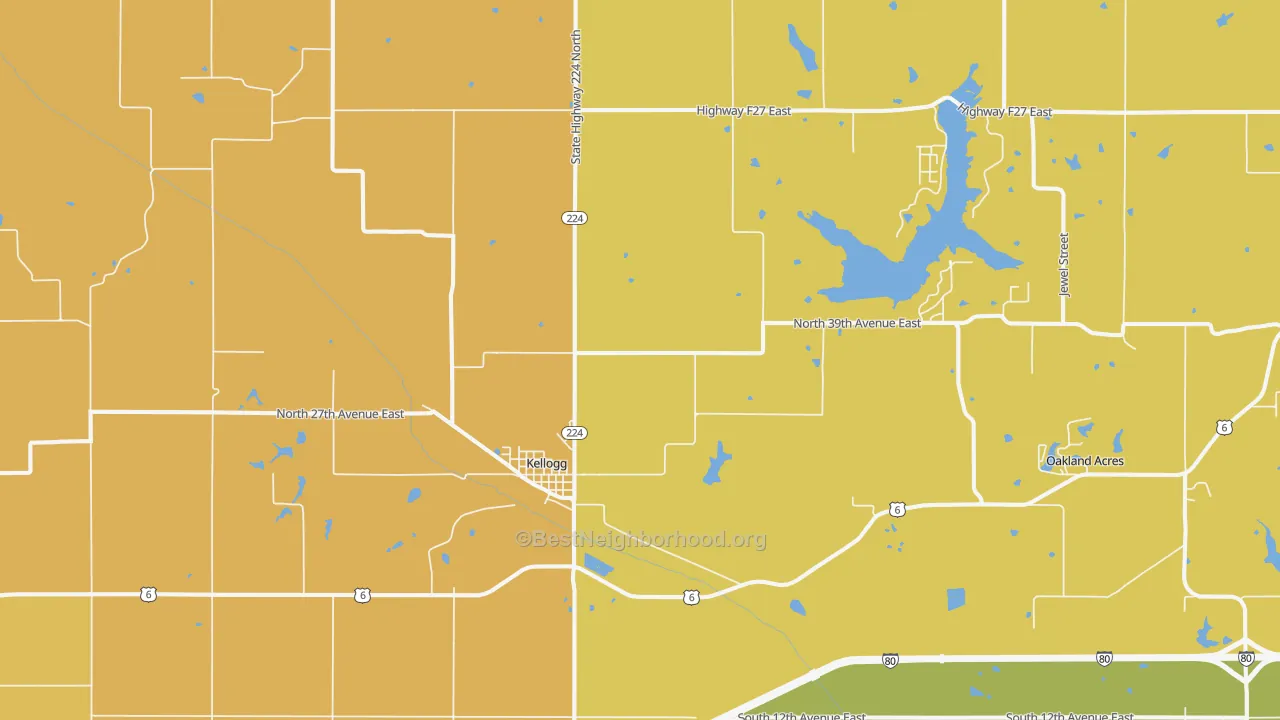 Map of the best neighborhoods in the 50135 area, with better matches in green and worse matches in red