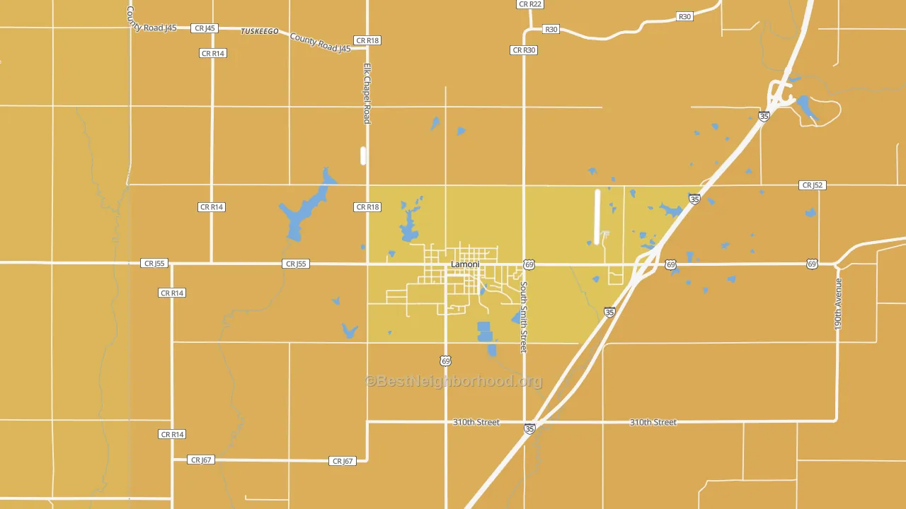 Map of the best neighborhoods in the 50140 area, with better matches in green and worse matches in red