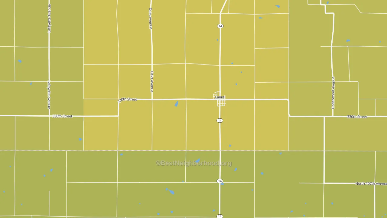 Map of the best neighborhoods in the 50141 area, with better matches in green and worse matches in red