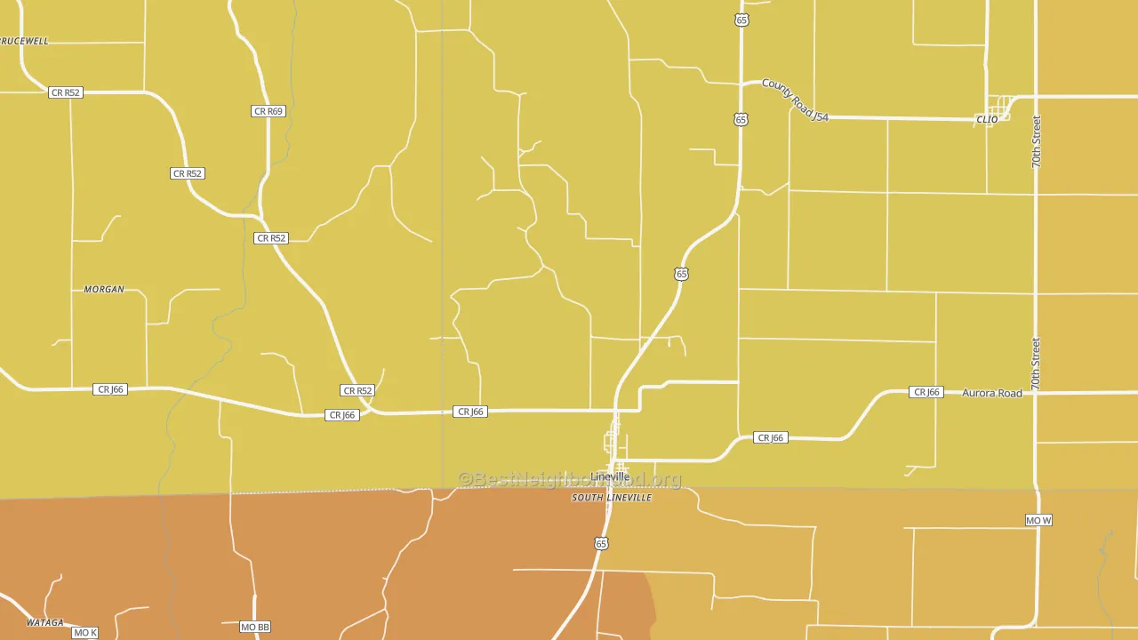 Map of the best neighborhoods in the 50147 area, with better matches in green and worse matches in red
