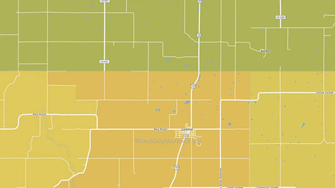 Map of the best neighborhoods in the 50149 area, with better matches in green and worse matches in red