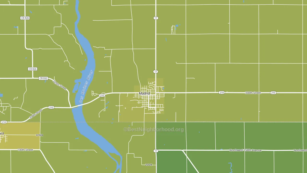 Map of the best neighborhoods in the 50156 area, with better matches in green and worse matches in red