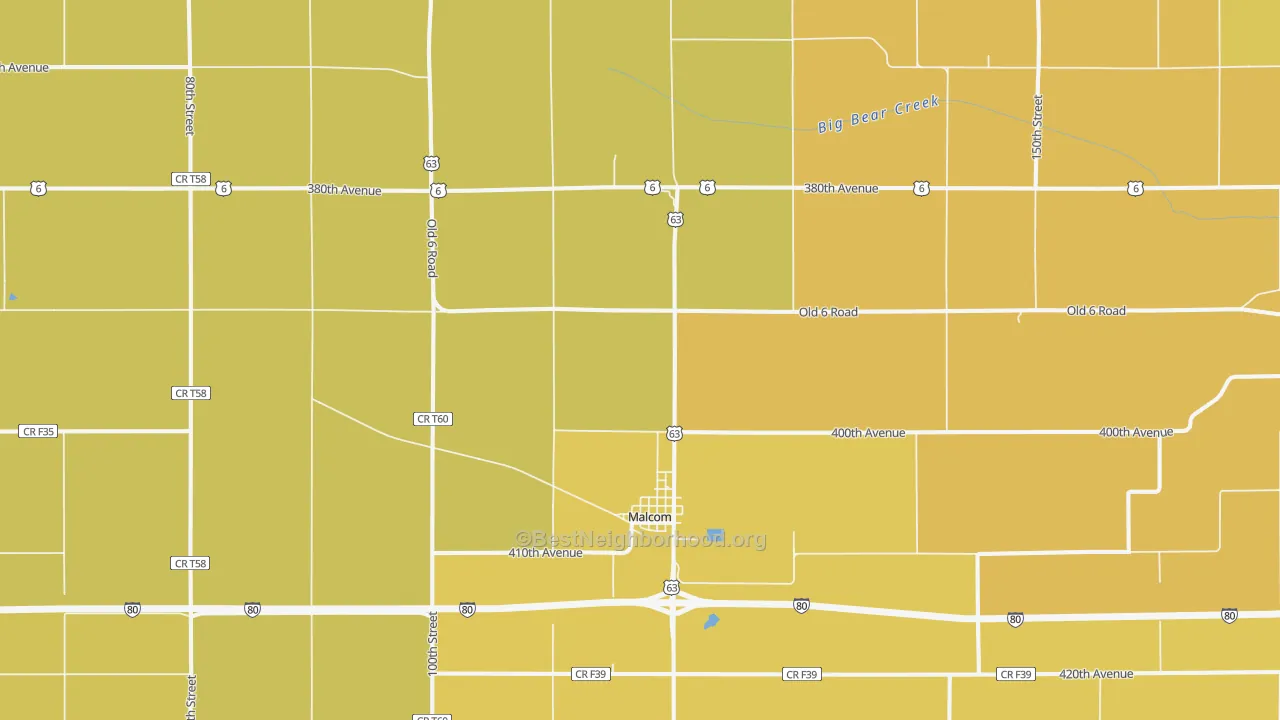 Map of the best neighborhoods in the 50157 area, with better matches in green and worse matches in red