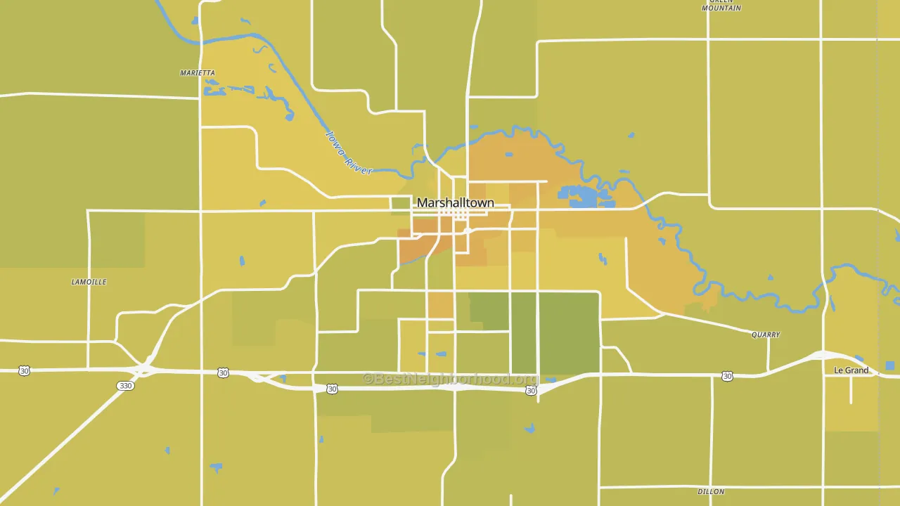 Map of the best neighborhoods in the 50158 area, with better matches in green and worse matches in red