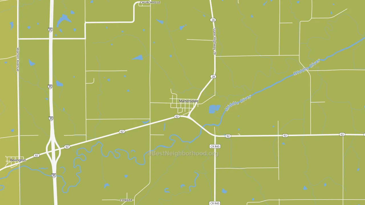 Map of the best neighborhoods in the 50160 area, with better matches in green and worse matches in red