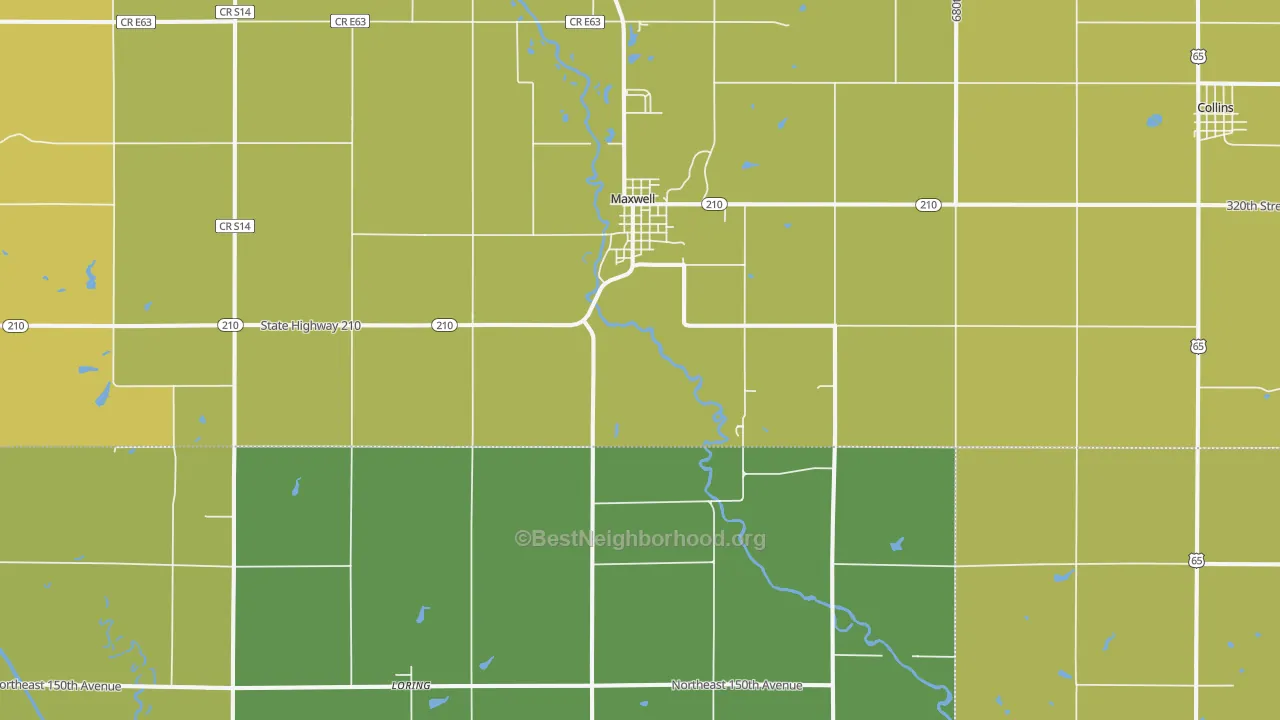 Map of the best neighborhoods in the 50161 area, with better matches in green and worse matches in red