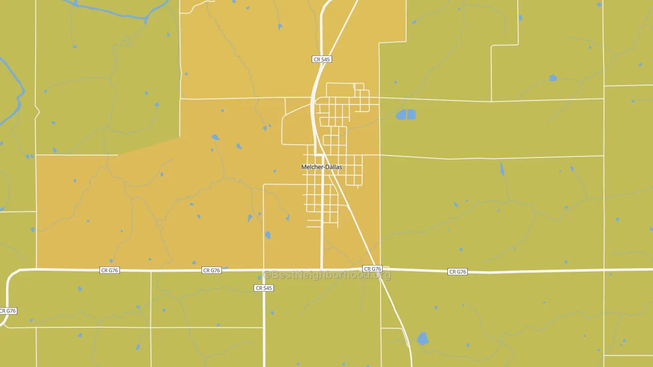 Map of the best neighborhoods in the 50163 area, with better matches in green and worse matches in red