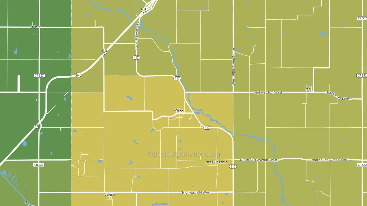 Map of the best neighborhoods in the 50168 area, with better matches in green and worse matches in red