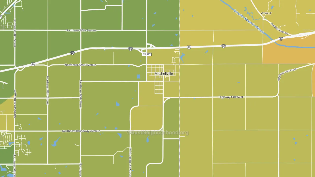 Map of the best neighborhoods in the 50169 area, with better matches in green and worse matches in red